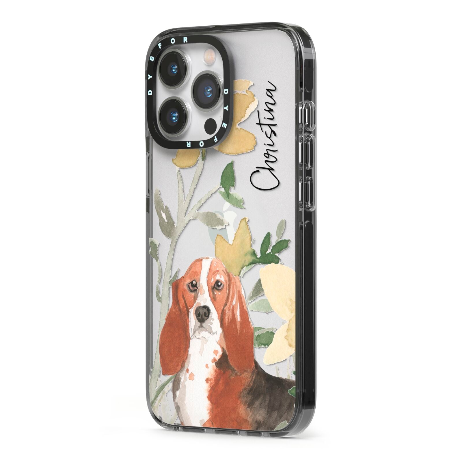 Personalised Basset Hound Dog iPhone 13 Pro Black Impact Case Side Angle on Silver phone