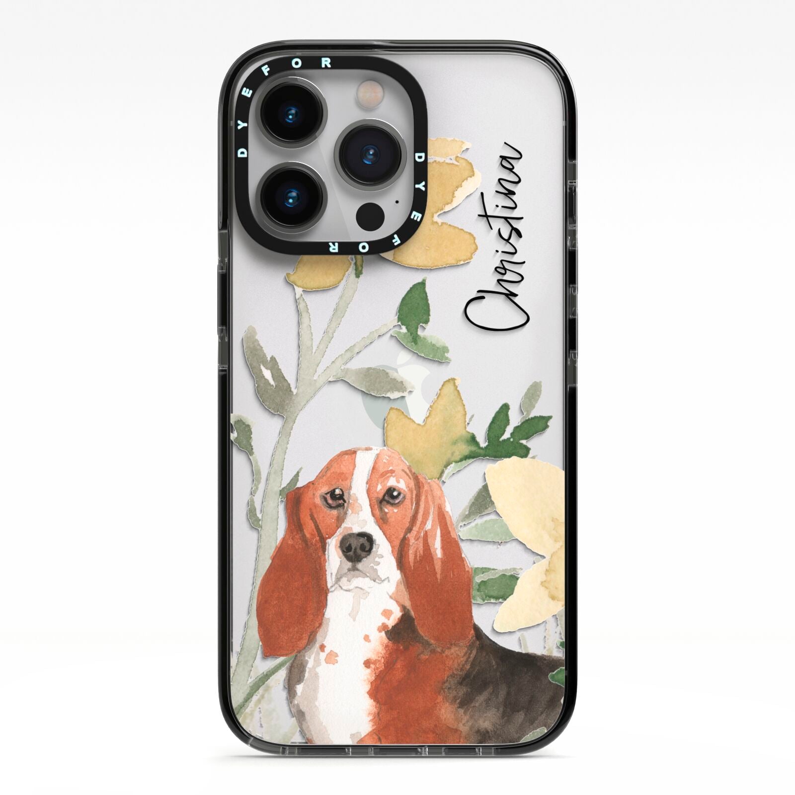 Personalised Basset Hound Dog iPhone 13 Pro Black Impact Case on Silver phone