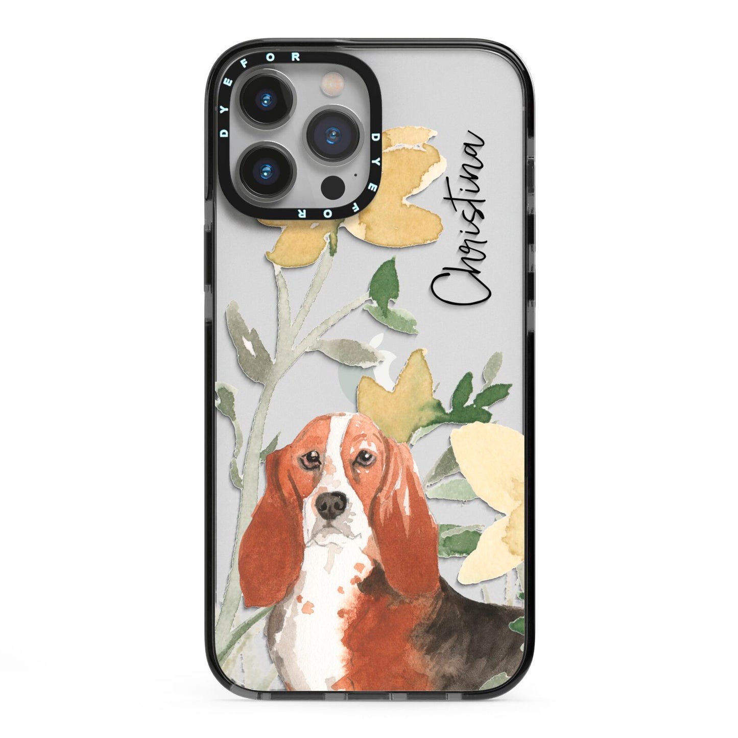 Personalised Basset Hound Dog iPhone 13 Pro Max Black Impact Case on Silver phone
