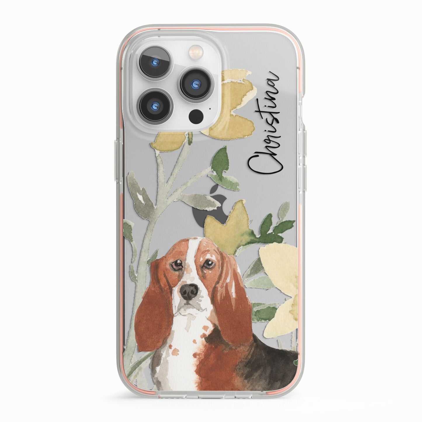 Personalised Basset Hound Dog iPhone 13 Pro TPU Impact Case with Pink Edges