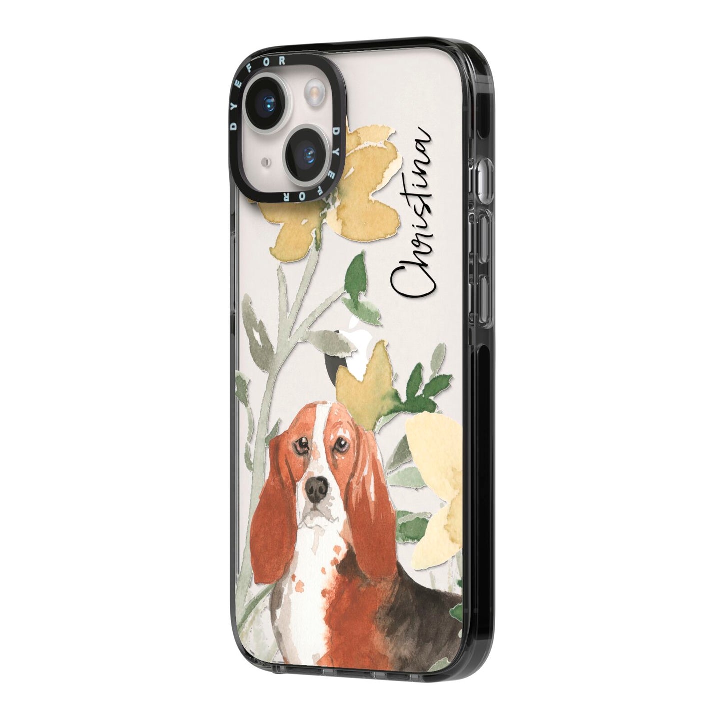 Personalised Basset Hound Dog iPhone 14 Black Impact Case Side Angle on Silver phone