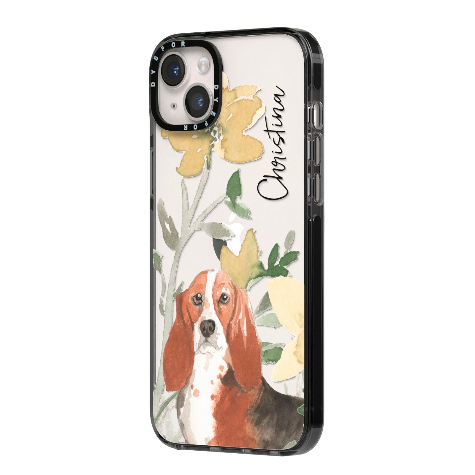 Personalised Basset Hound Dog iPhone 14 Plus Black Impact Case Side Angle on Silver phone