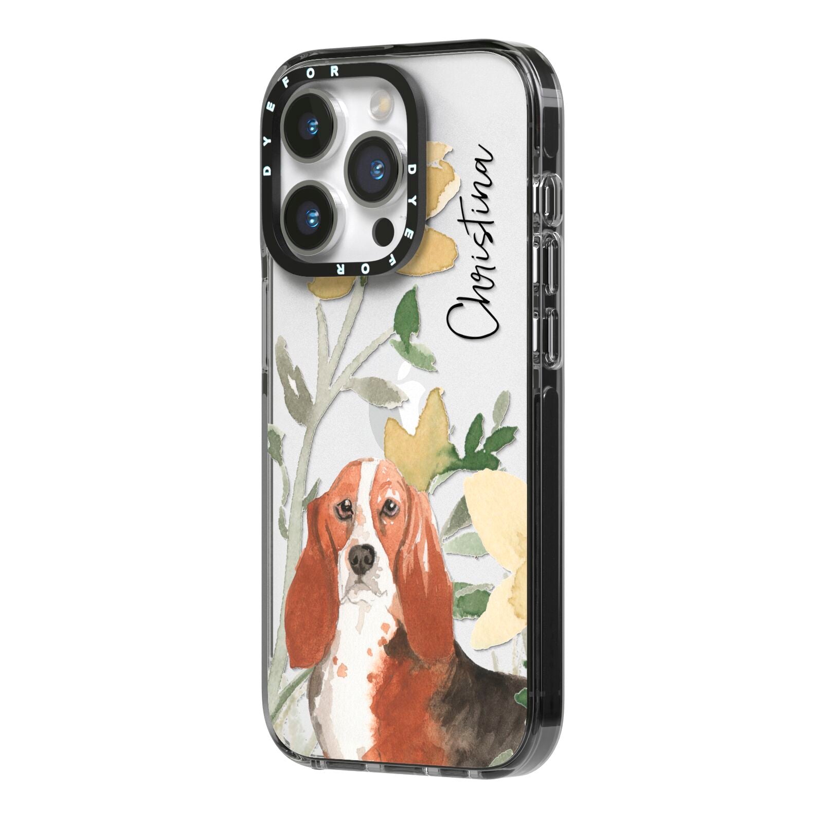 Personalised Basset Hound Dog iPhone 14 Pro Black Impact Case Side Angle on Silver phone