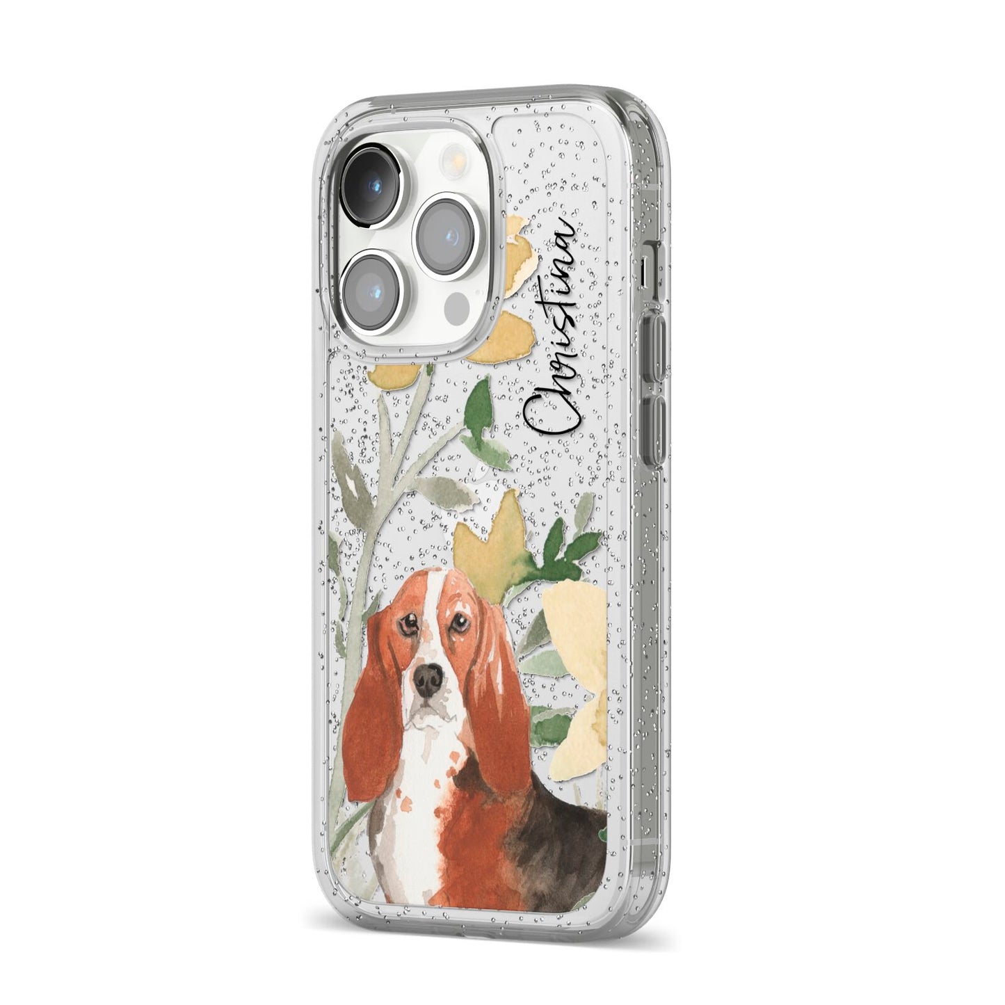 Personalised Basset Hound Dog iPhone 14 Pro Glitter Tough Case Silver Angled Image