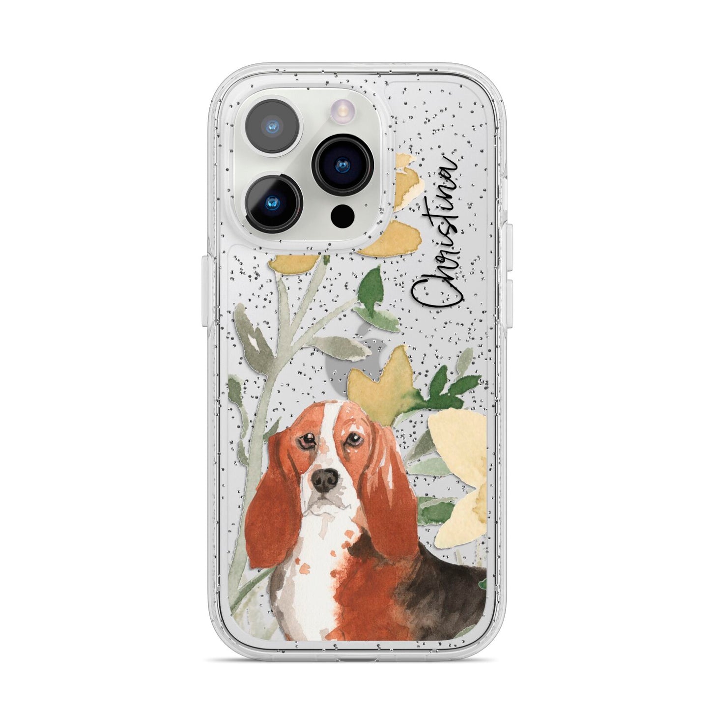 Personalised Basset Hound Dog iPhone 14 Pro Glitter Tough Case Silver