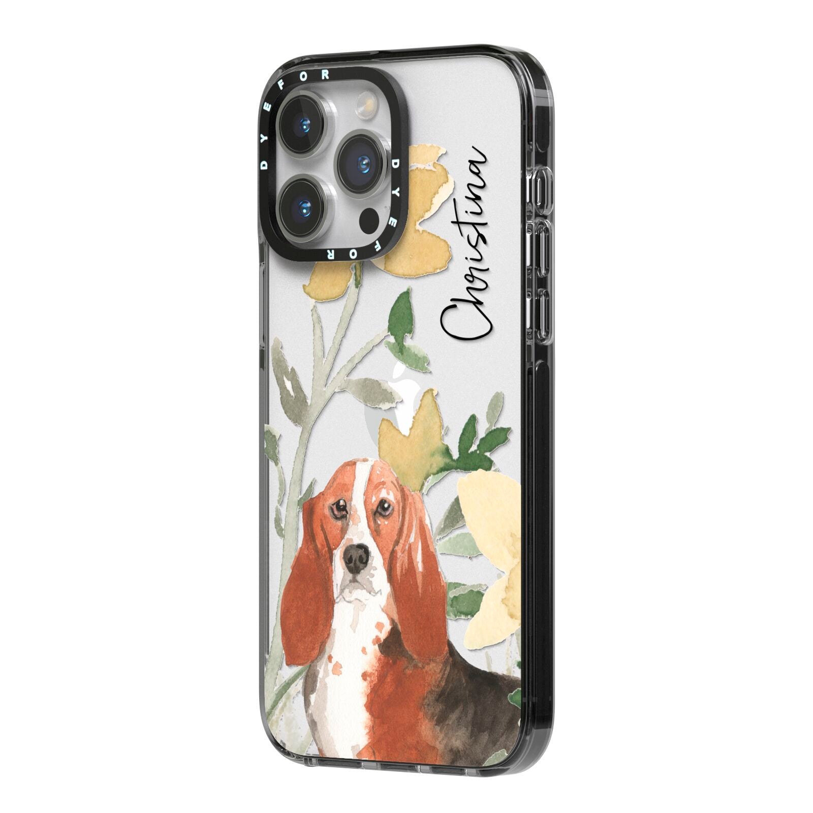 Personalised Basset Hound Dog iPhone 14 Pro Max Black Impact Case Side Angle on Silver phone