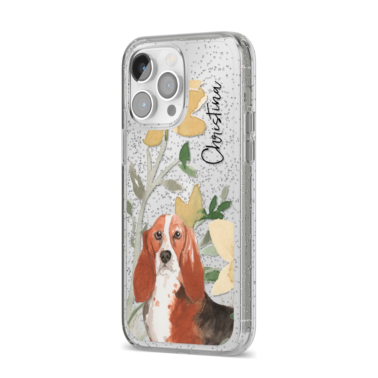 Personalised Basset Hound Dog iPhone 14 Pro Max Glitter Tough Case Silver Angled Image