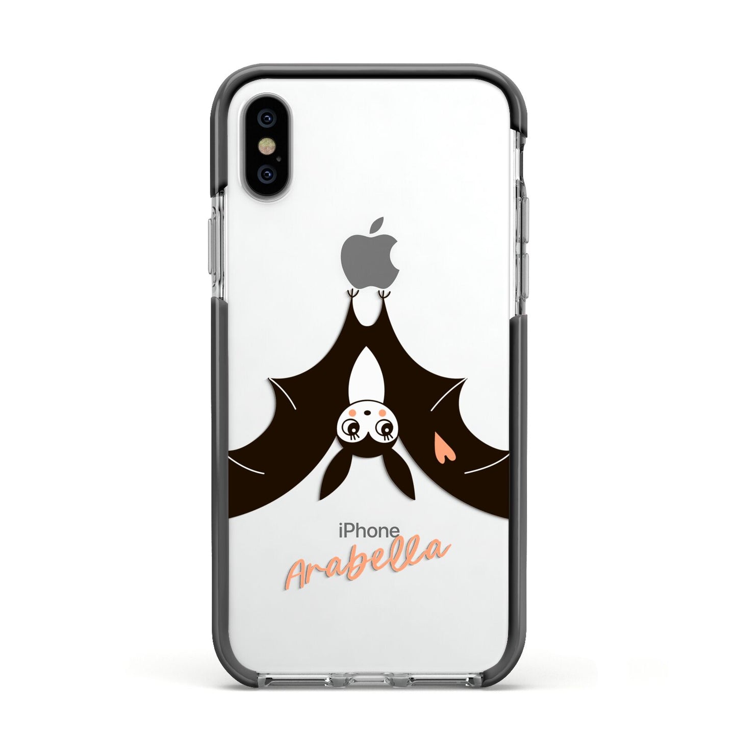 Personalised Bat With Name Apple iPhone Xs Impact Case Black Edge on Silver Phone