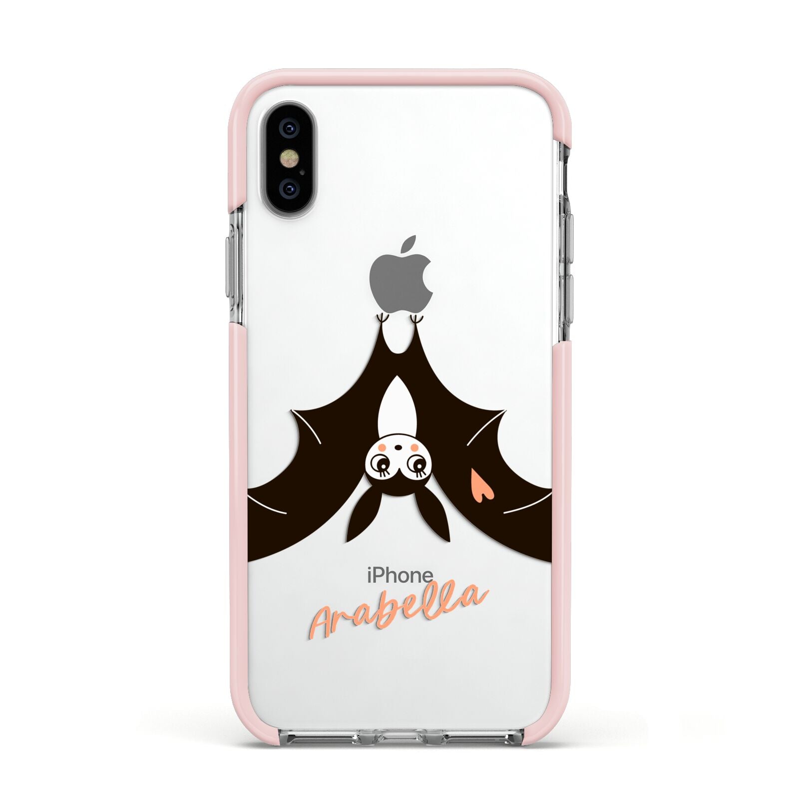 Personalised Bat With Name Apple iPhone Xs Impact Case Pink Edge on Silver Phone
