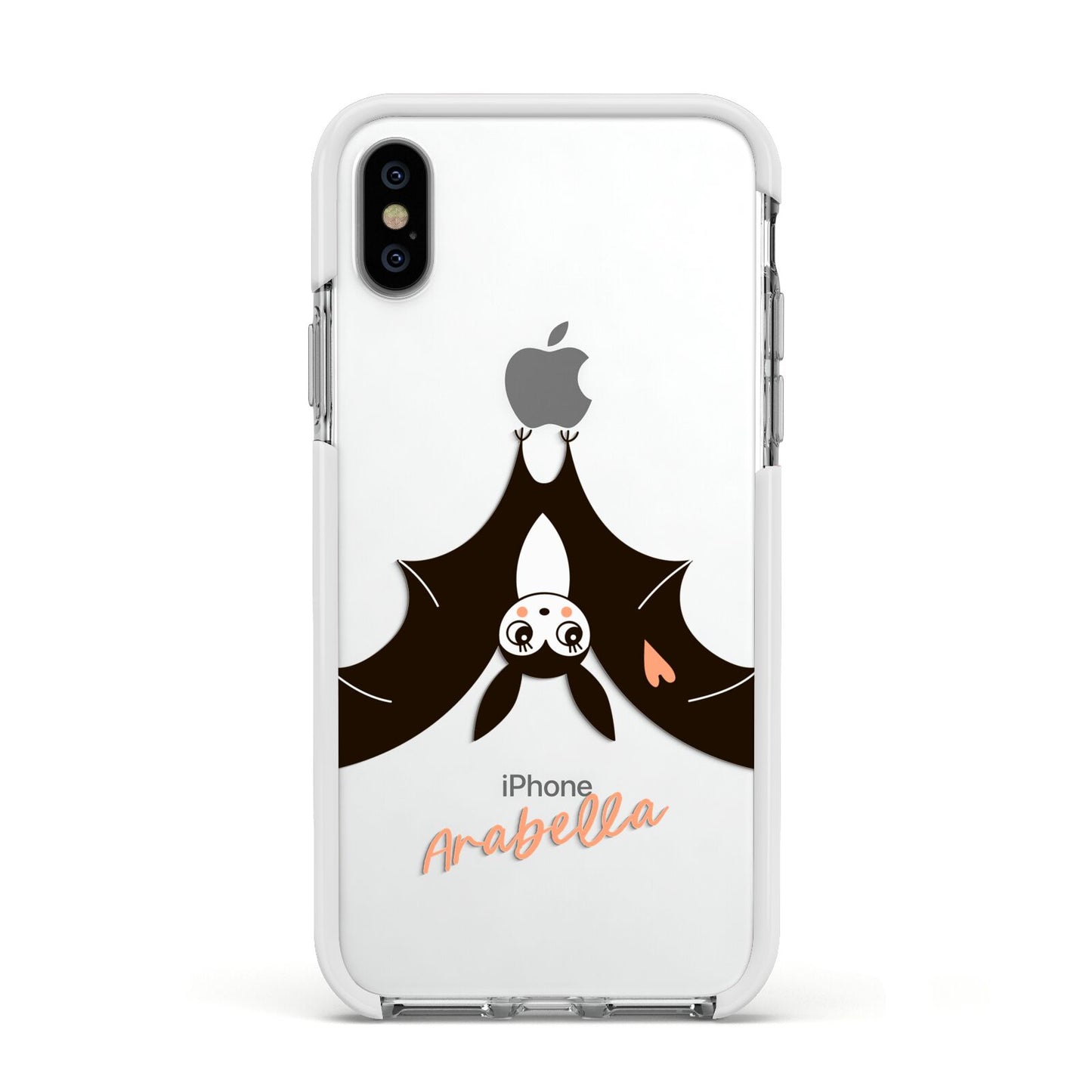 Personalised Bat With Name Apple iPhone Xs Impact Case White Edge on Silver Phone