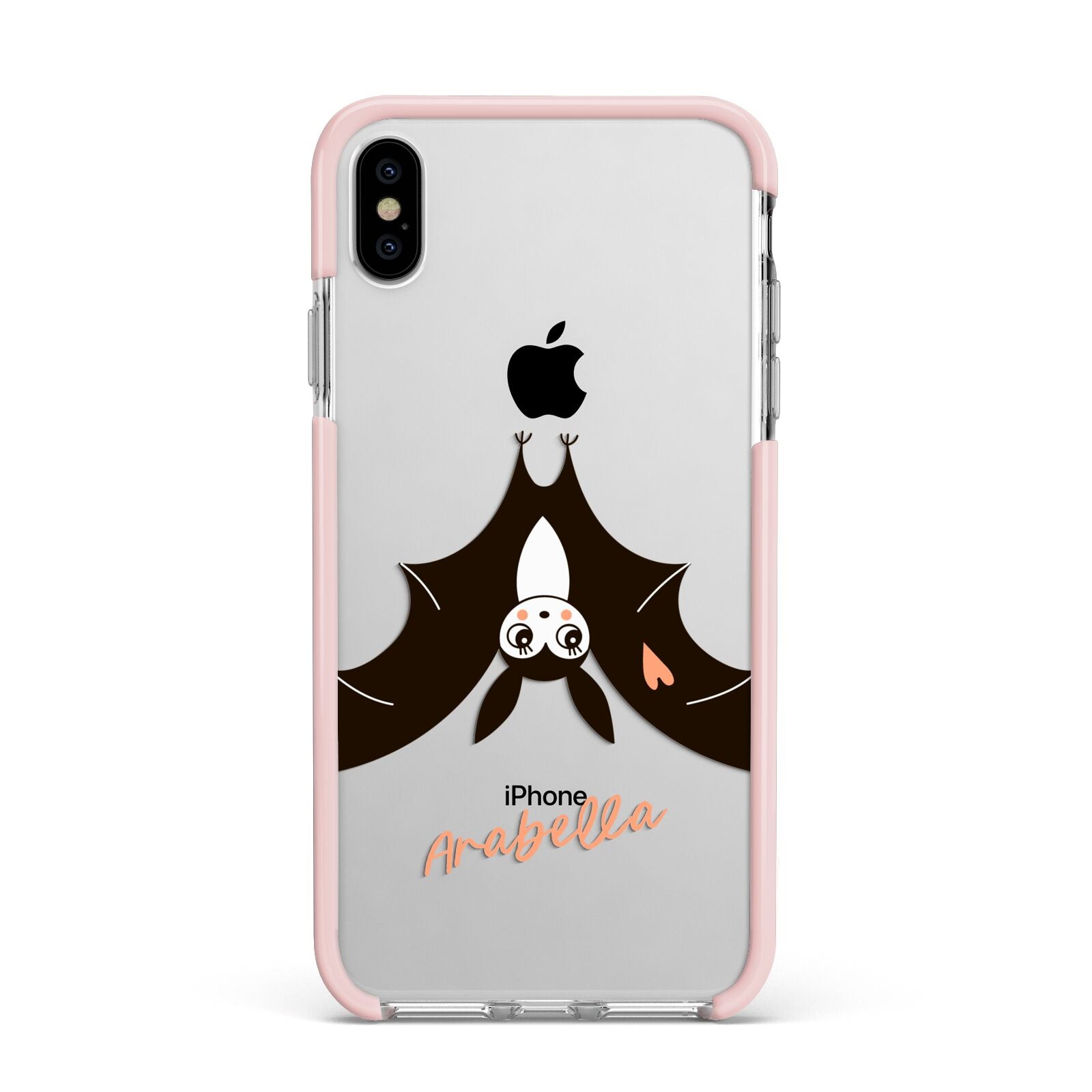 Personalised Bat With Name Apple iPhone Xs Max Impact Case Pink Edge on Silver Phone