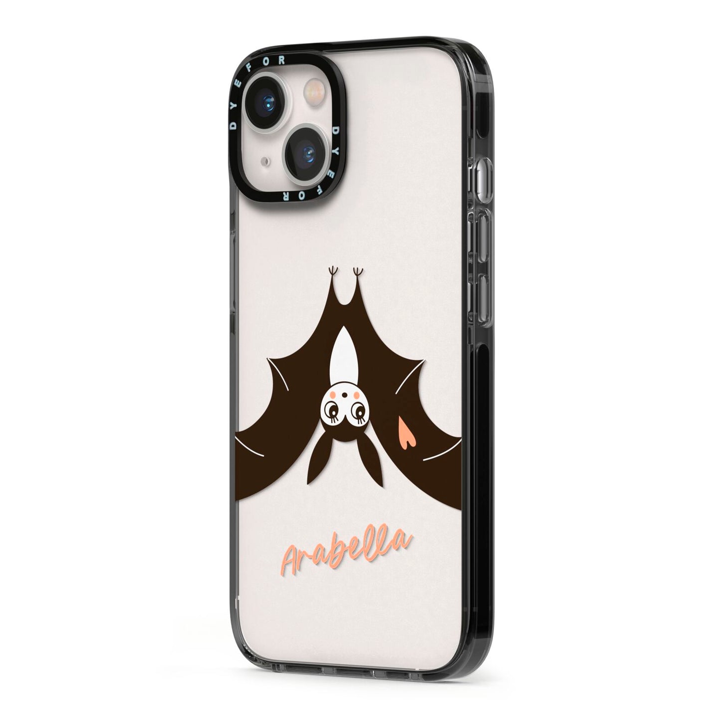 Personalised Bat With Name iPhone 13 Black Impact Case Side Angle on Silver phone