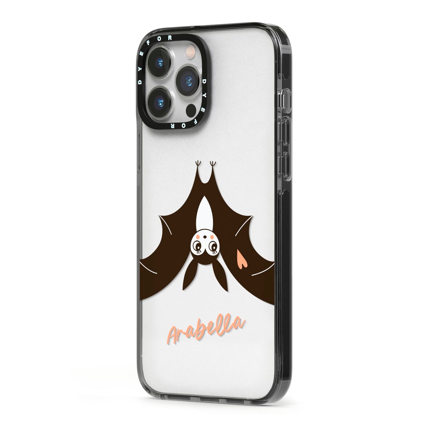 Personalised Bat With Name iPhone 13 Pro Max Black Impact Case Side Angle on Silver phone