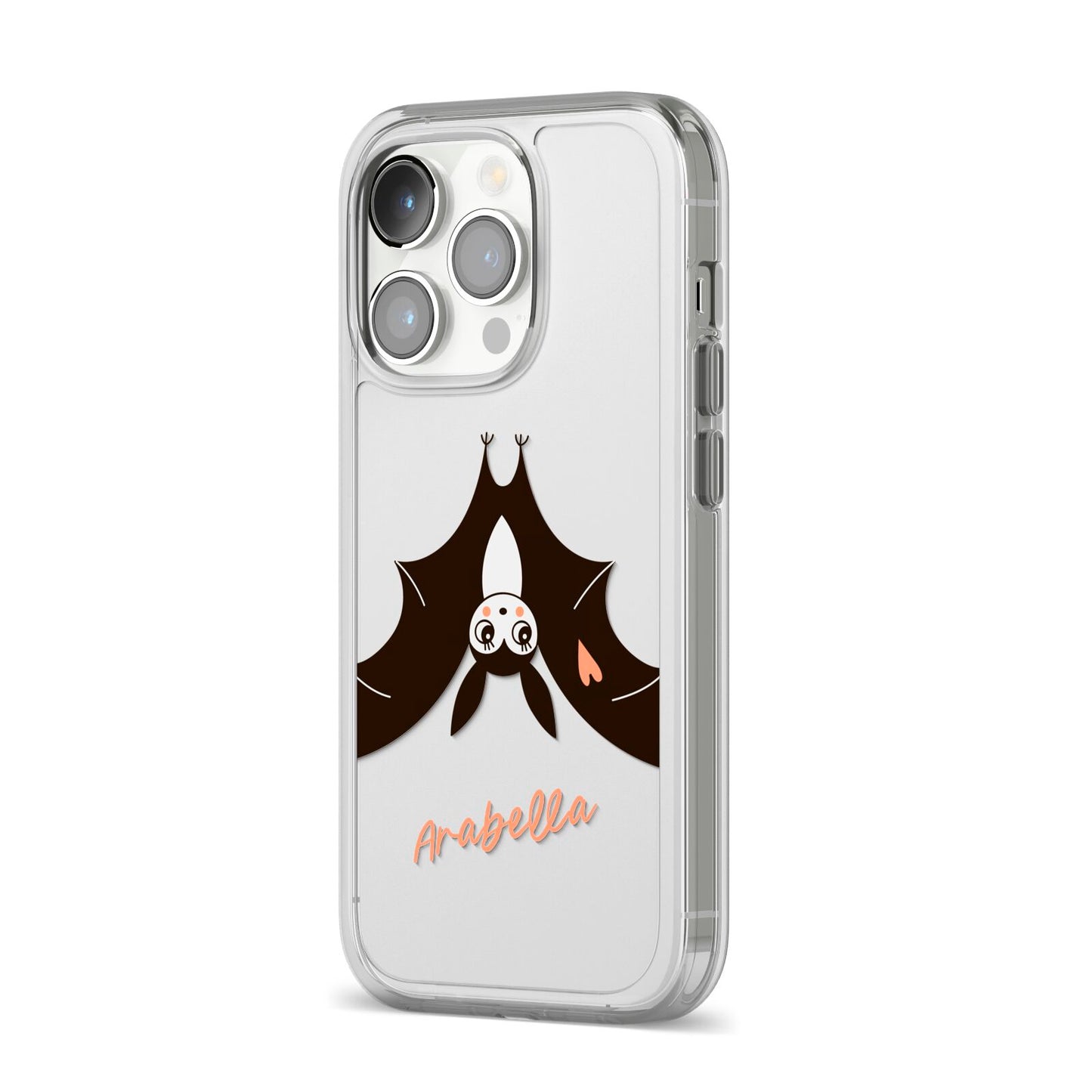 Personalised Bat With Name iPhone 14 Pro Clear Tough Case Silver Angled Image