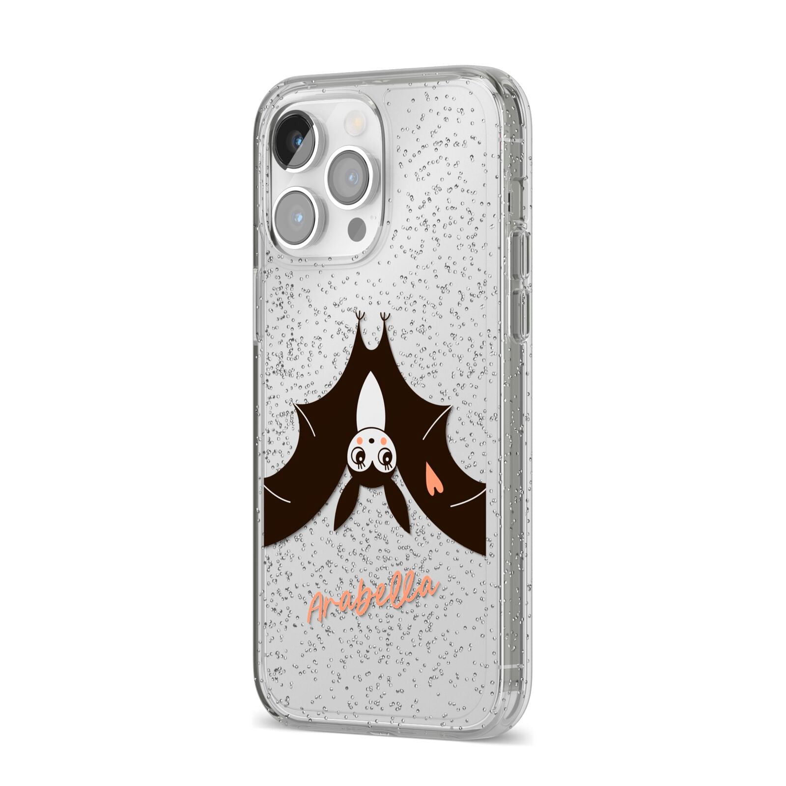 Personalised Bat With Name iPhone 14 Pro Max Glitter Tough Case Silver Angled Image