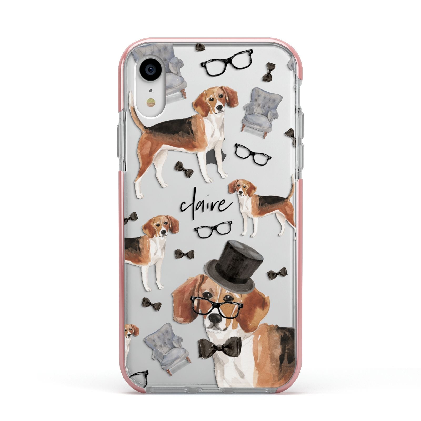 Personalised Beagle Dog Apple iPhone XR Impact Case Pink Edge on Silver Phone