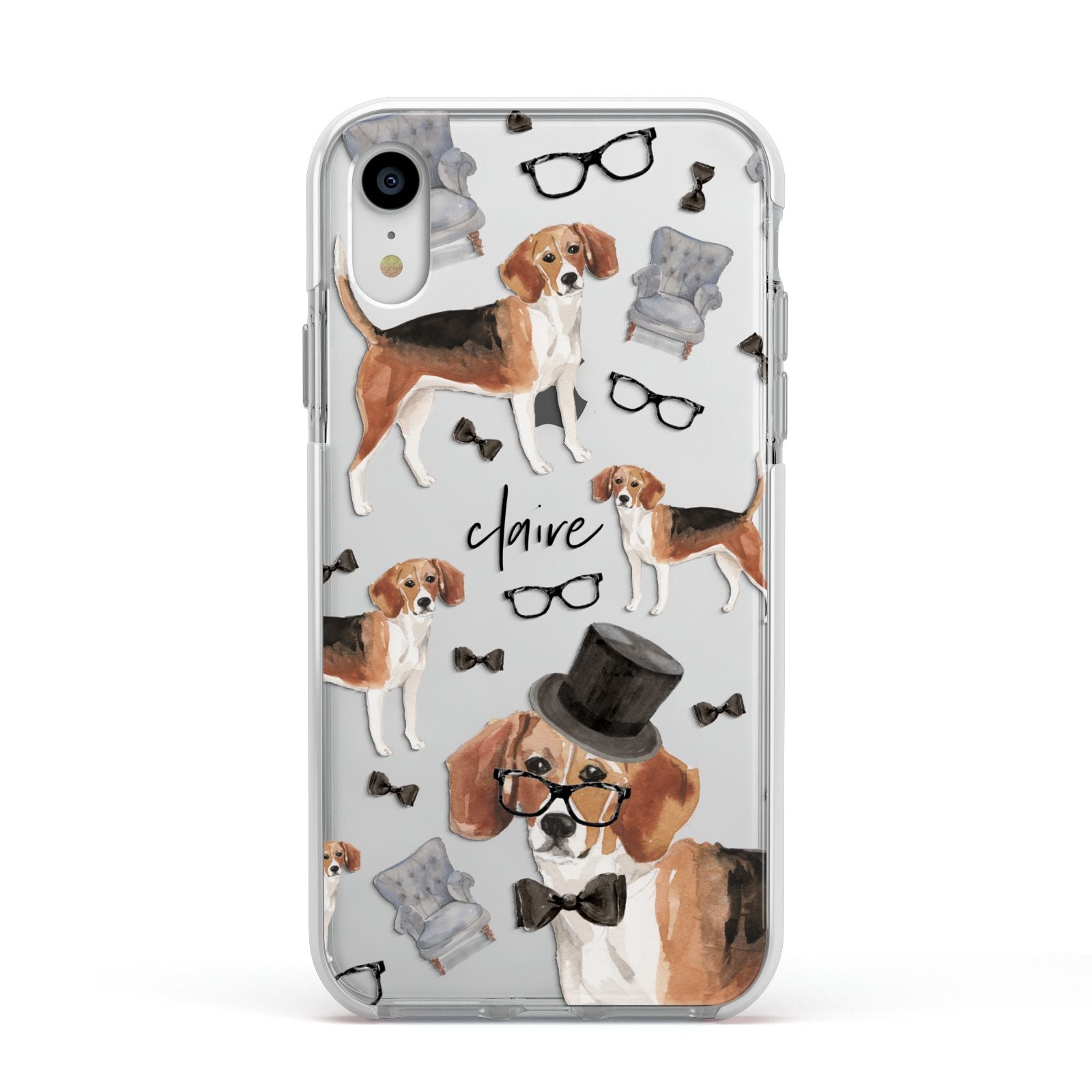 Personalised Beagle Dog Apple iPhone XR Impact Case White Edge on Silver Phone