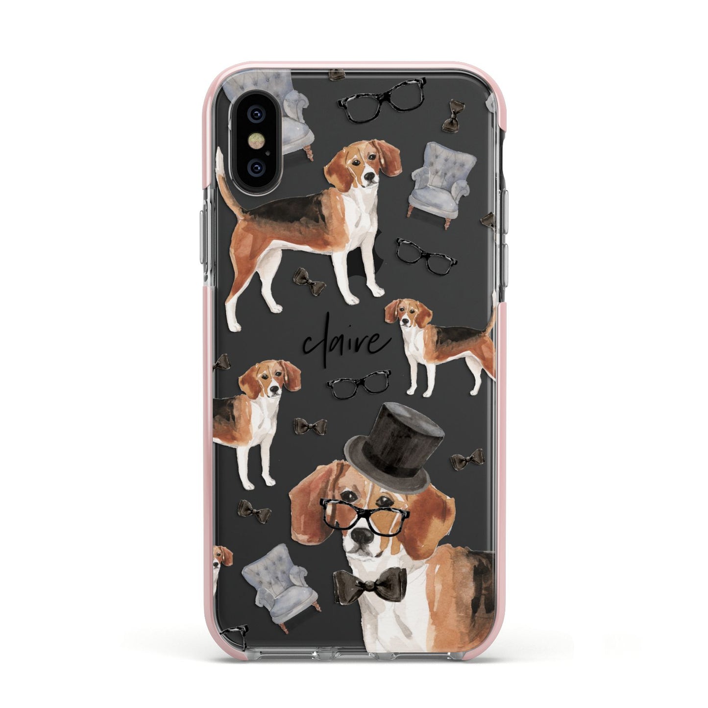 Personalised Beagle Dog Apple iPhone Xs Impact Case Pink Edge on Black Phone