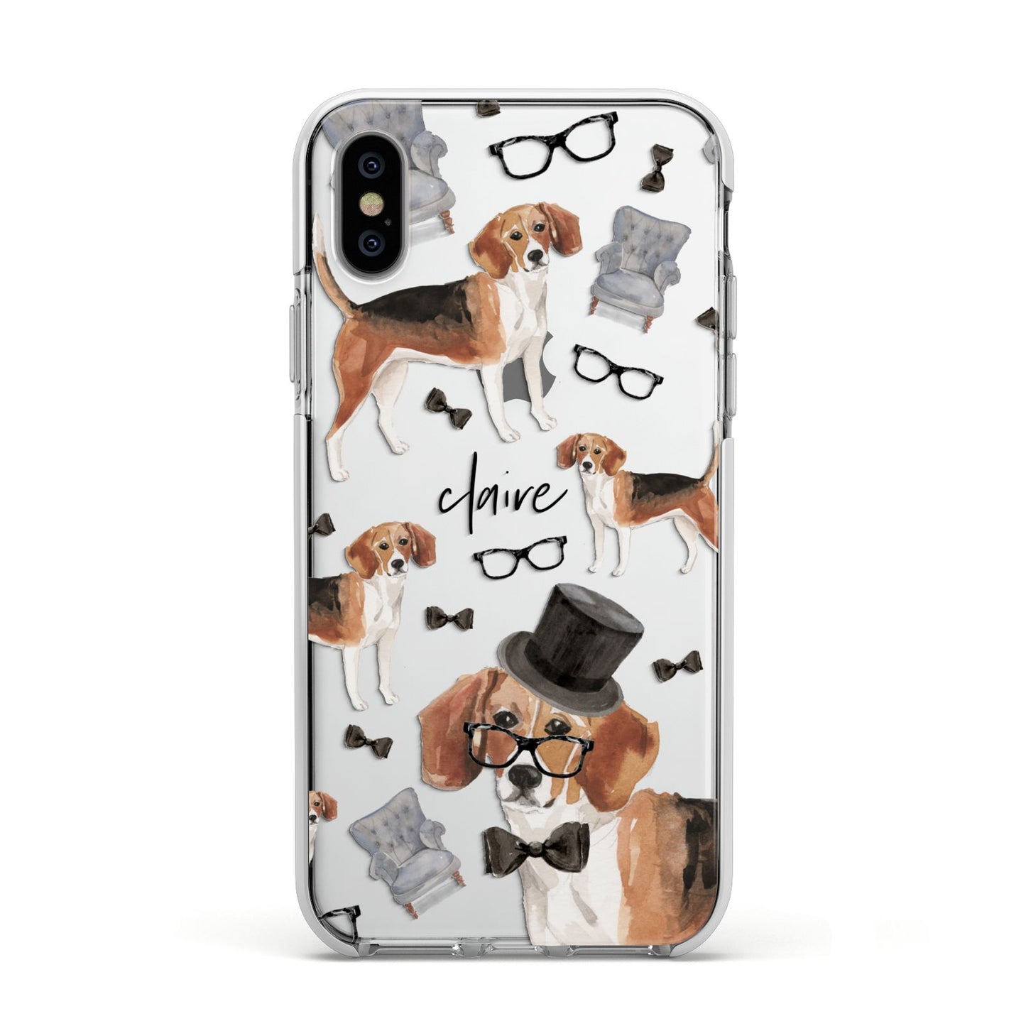 Personalised Beagle Dog Apple iPhone Xs Impact Case White Edge on Silver Phone