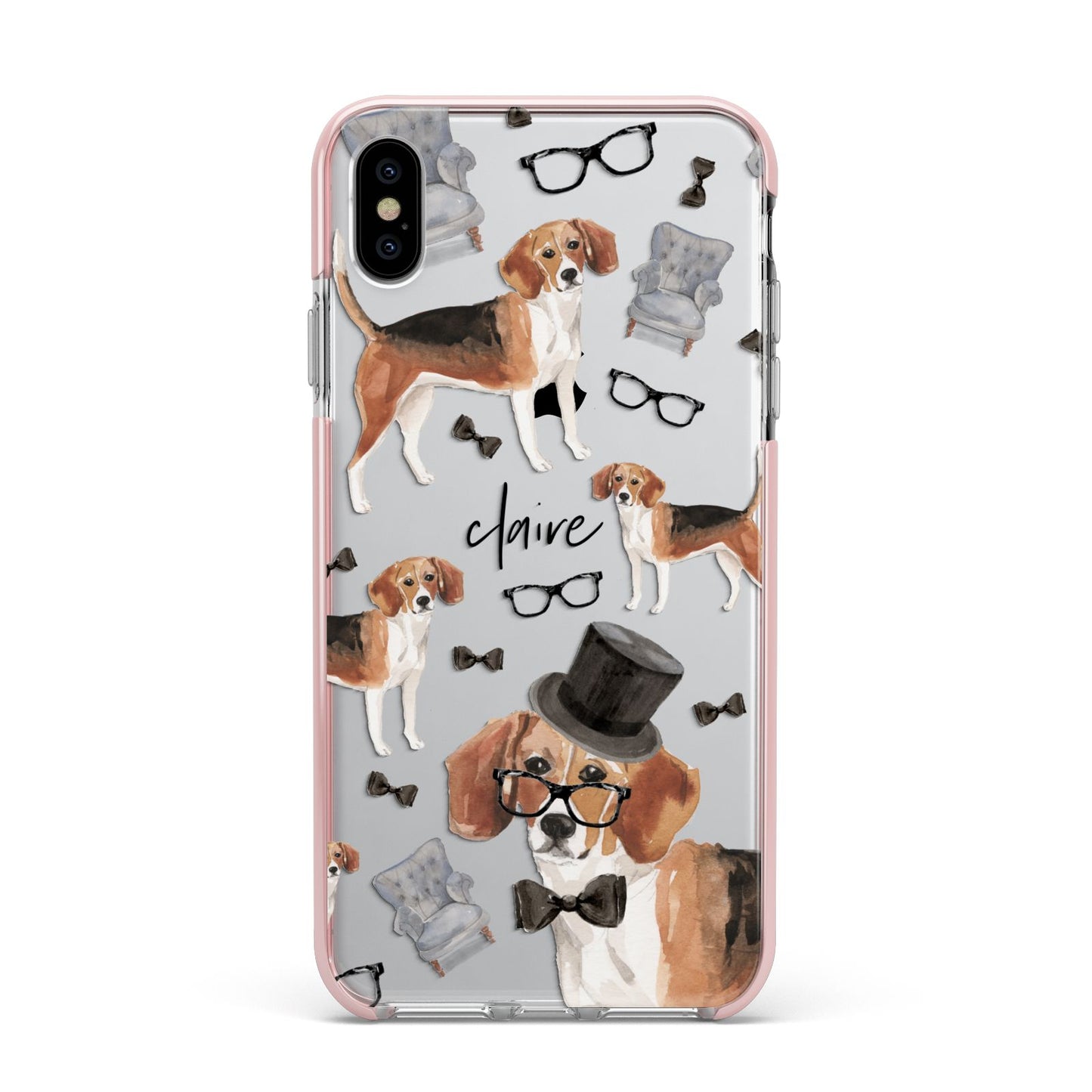 Personalised Beagle Dog Apple iPhone Xs Max Impact Case Pink Edge on Silver Phone