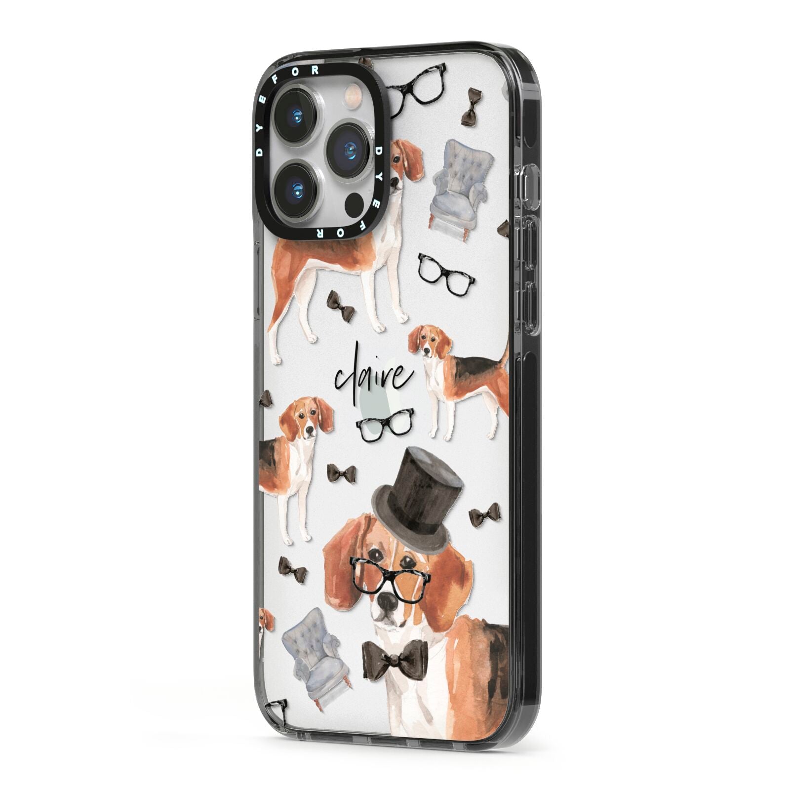Personalised Beagle Dog iPhone 13 Pro Max Black Impact Case Side Angle on Silver phone
