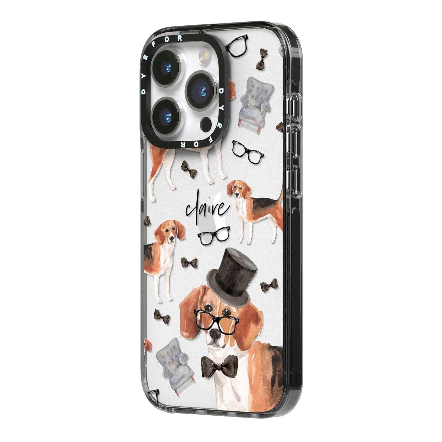 Personalised Beagle Dog iPhone 14 Pro Black Impact Case Side Angle on Silver phone