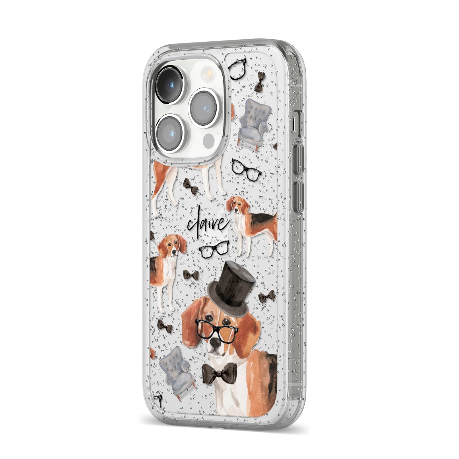 Personalised Beagle Dog iPhone 14 Pro Glitter Tough Case Silver Angled Image