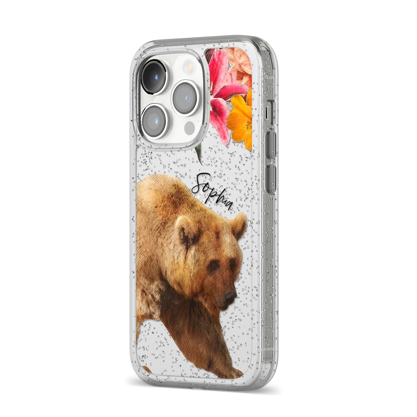 Personalised Bear iPhone 14 Pro Glitter Tough Case Silver Angled Image