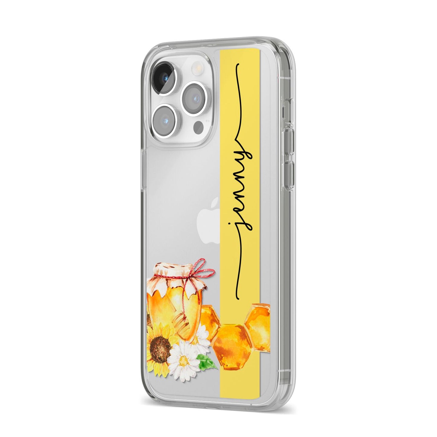 Personalised Bees Honeycomb iPhone 14 Pro Max Clear Tough Case Silver Angled Image
