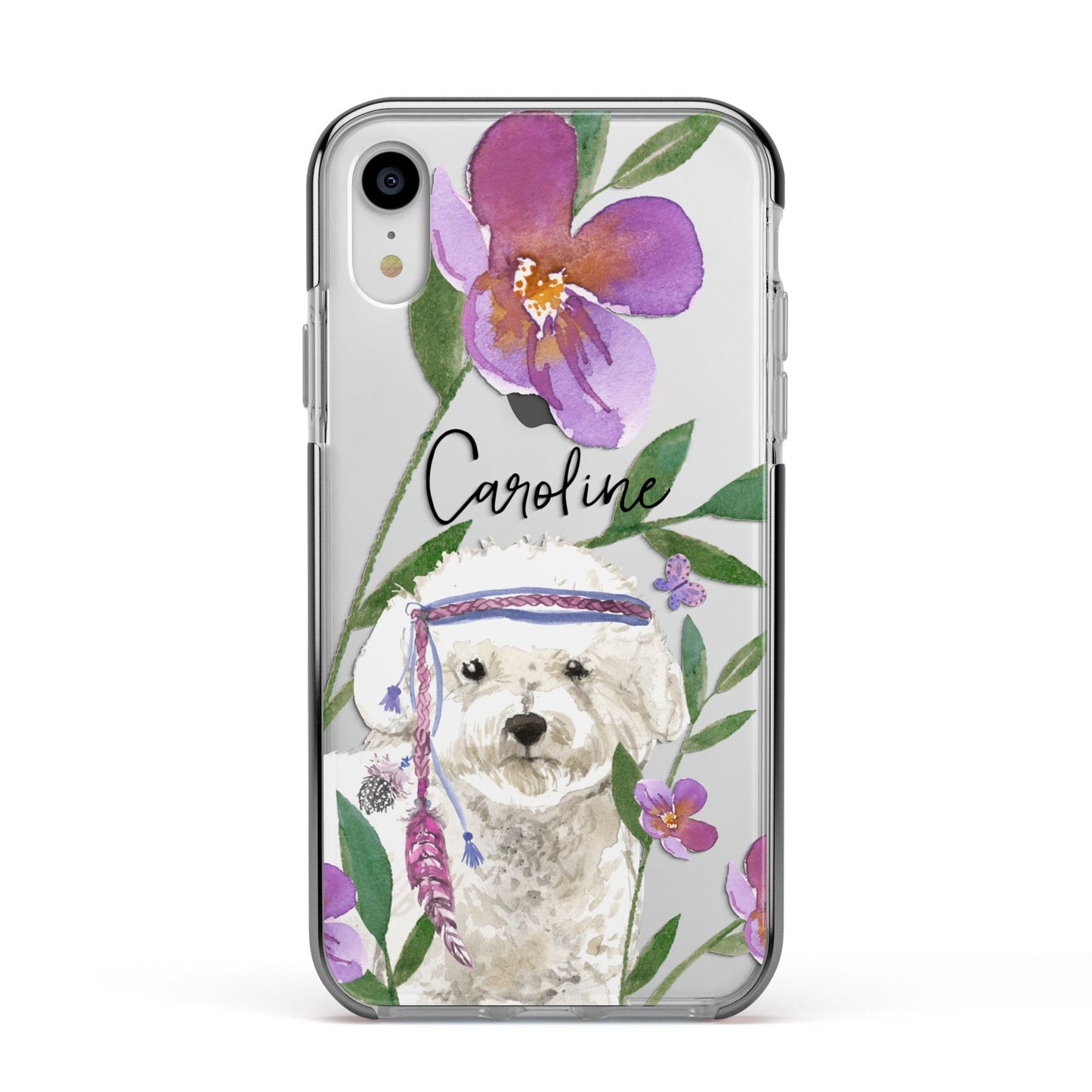 Personalised Bichon Frise Apple iPhone XR Impact Case Black Edge on Silver Phone