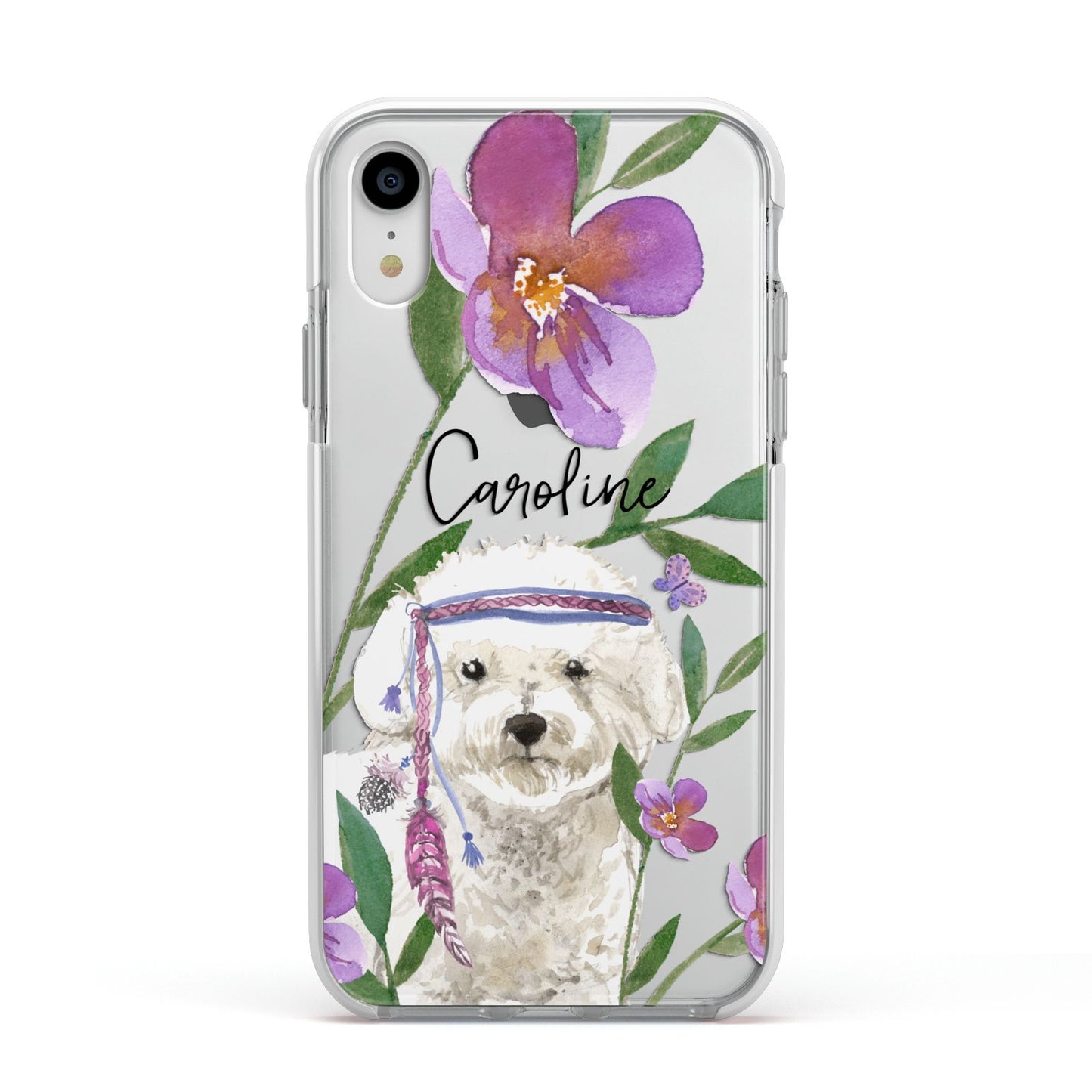 Personalised Bichon Frise Apple iPhone XR Impact Case White Edge on Silver Phone