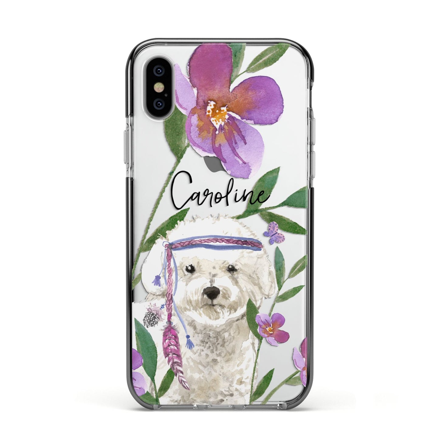 Personalised Bichon Frise Apple iPhone Xs Impact Case Black Edge on Silver Phone