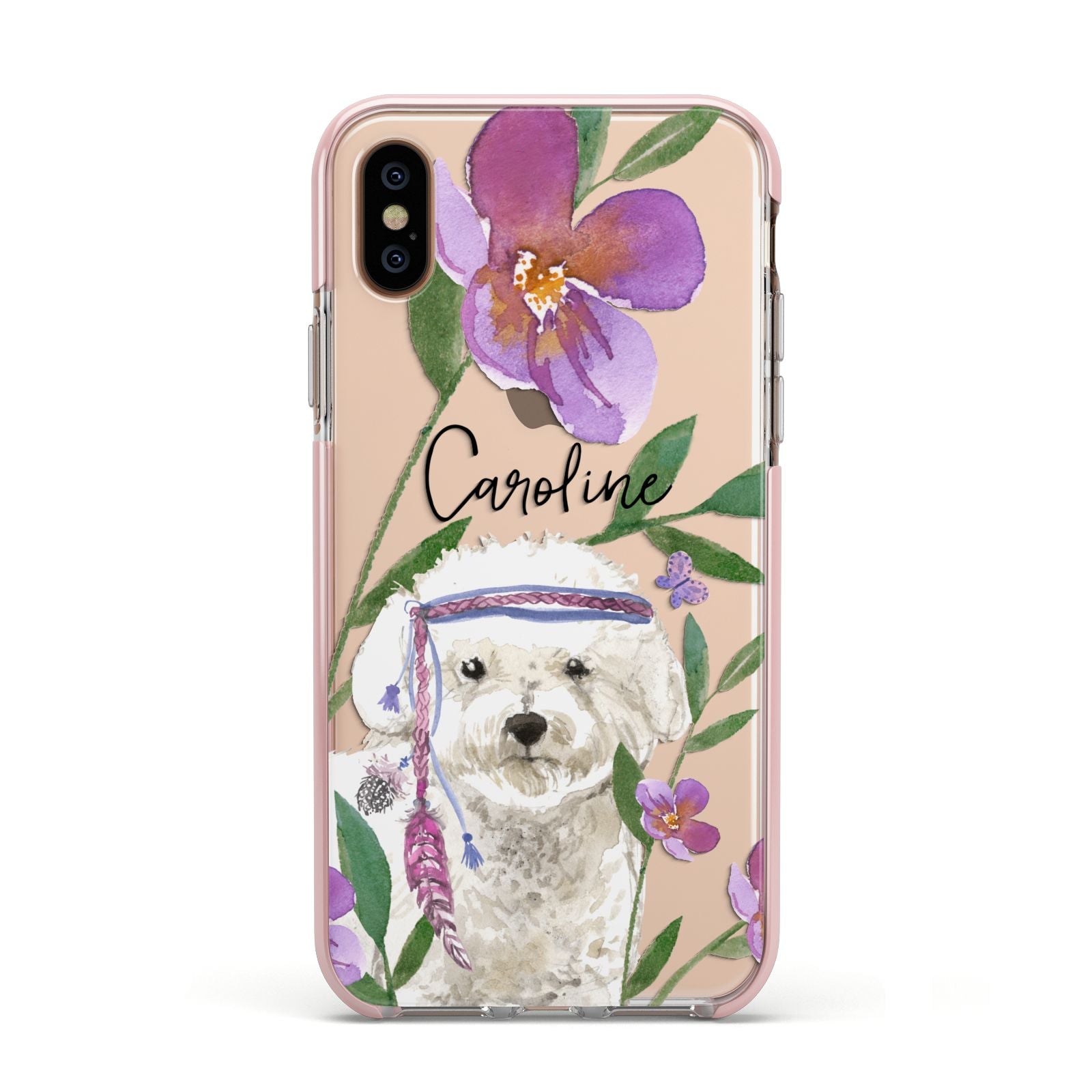 Personalised Bichon Frise Apple iPhone Xs Impact Case Pink Edge on Gold Phone