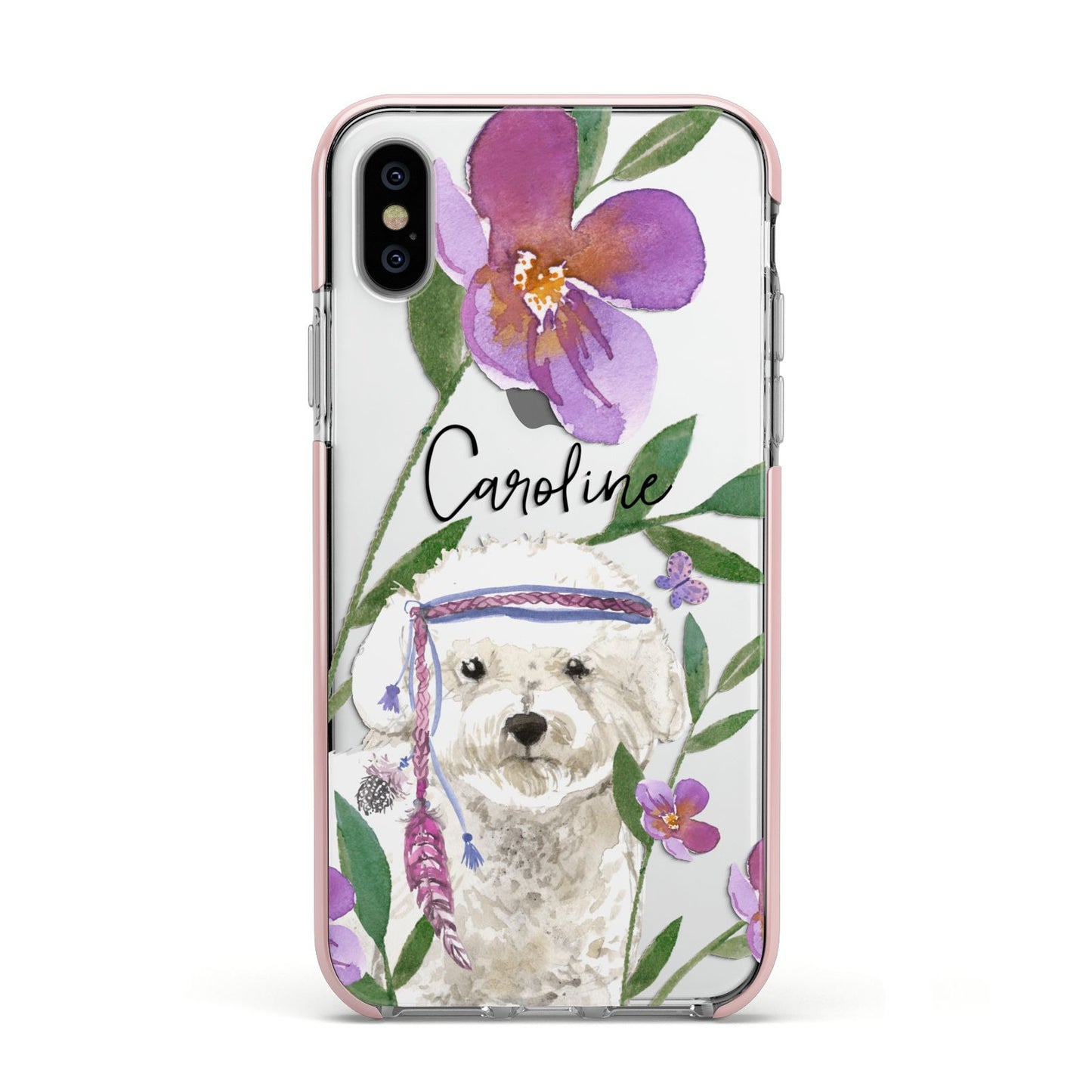 Personalised Bichon Frise Apple iPhone Xs Impact Case Pink Edge on Silver Phone