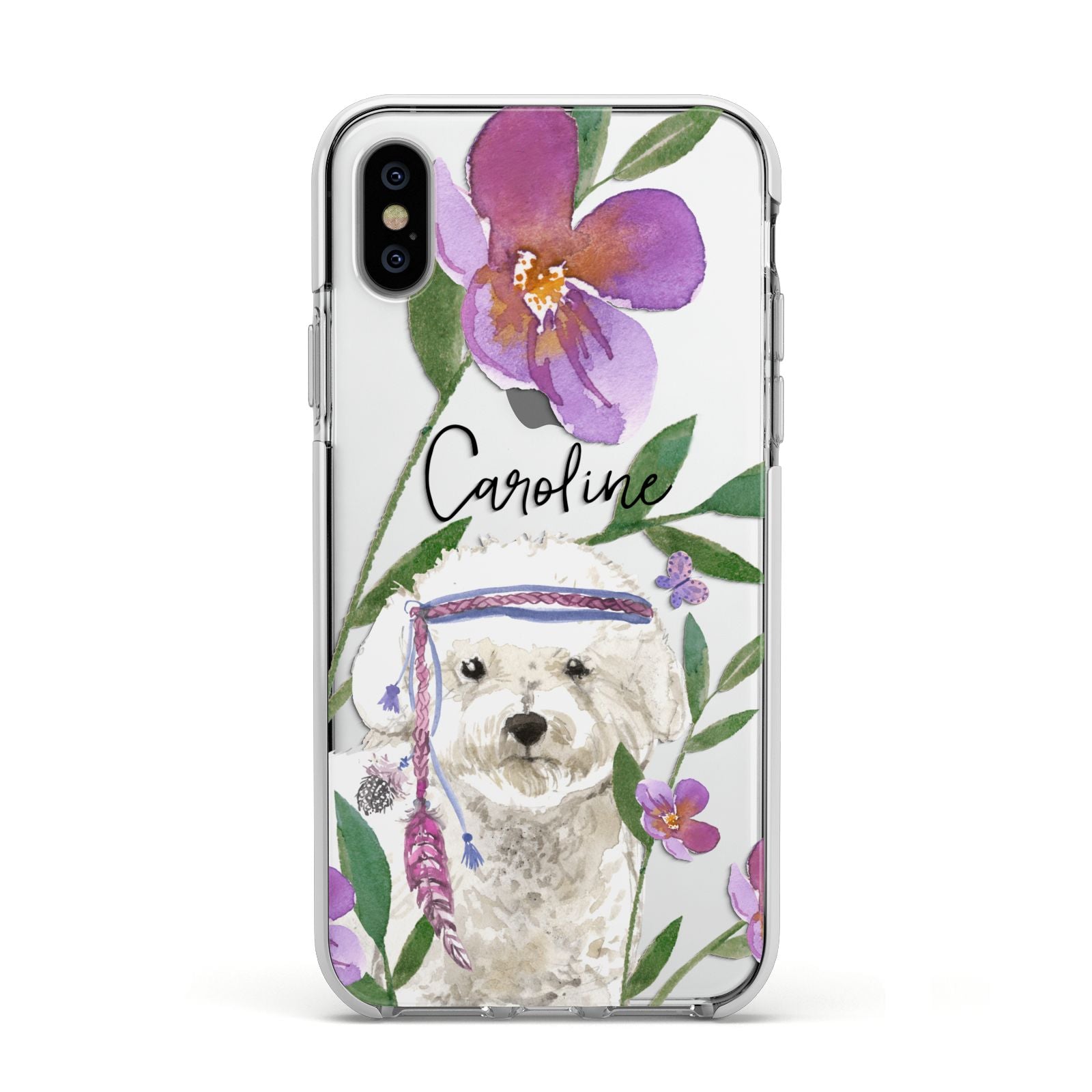 Personalised Bichon Frise Apple iPhone Xs Impact Case White Edge on Silver Phone