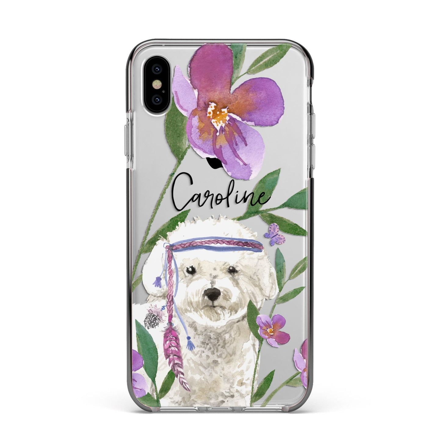 Personalised Bichon Frise Apple iPhone Xs Max Impact Case Black Edge on Silver Phone
