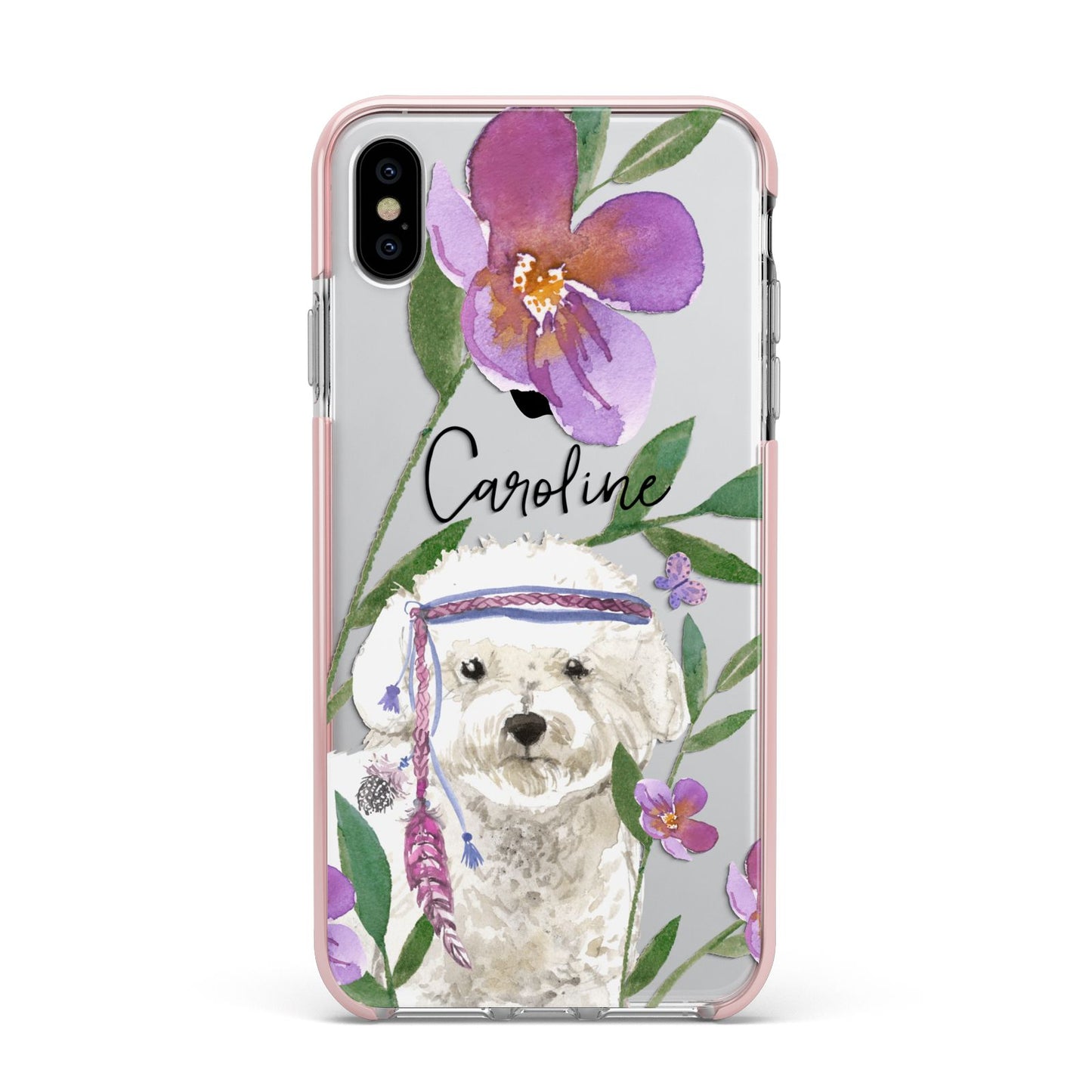 Personalised Bichon Frise Apple iPhone Xs Max Impact Case Pink Edge on Silver Phone