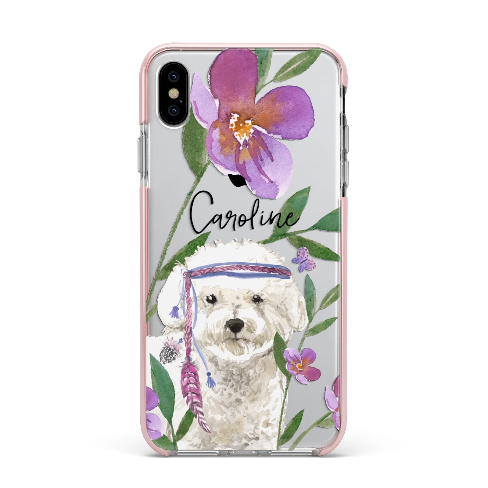 Personalised Bichon Frise Apple iPhone Xs Max Impact Case Pink Edge on Silver Phone