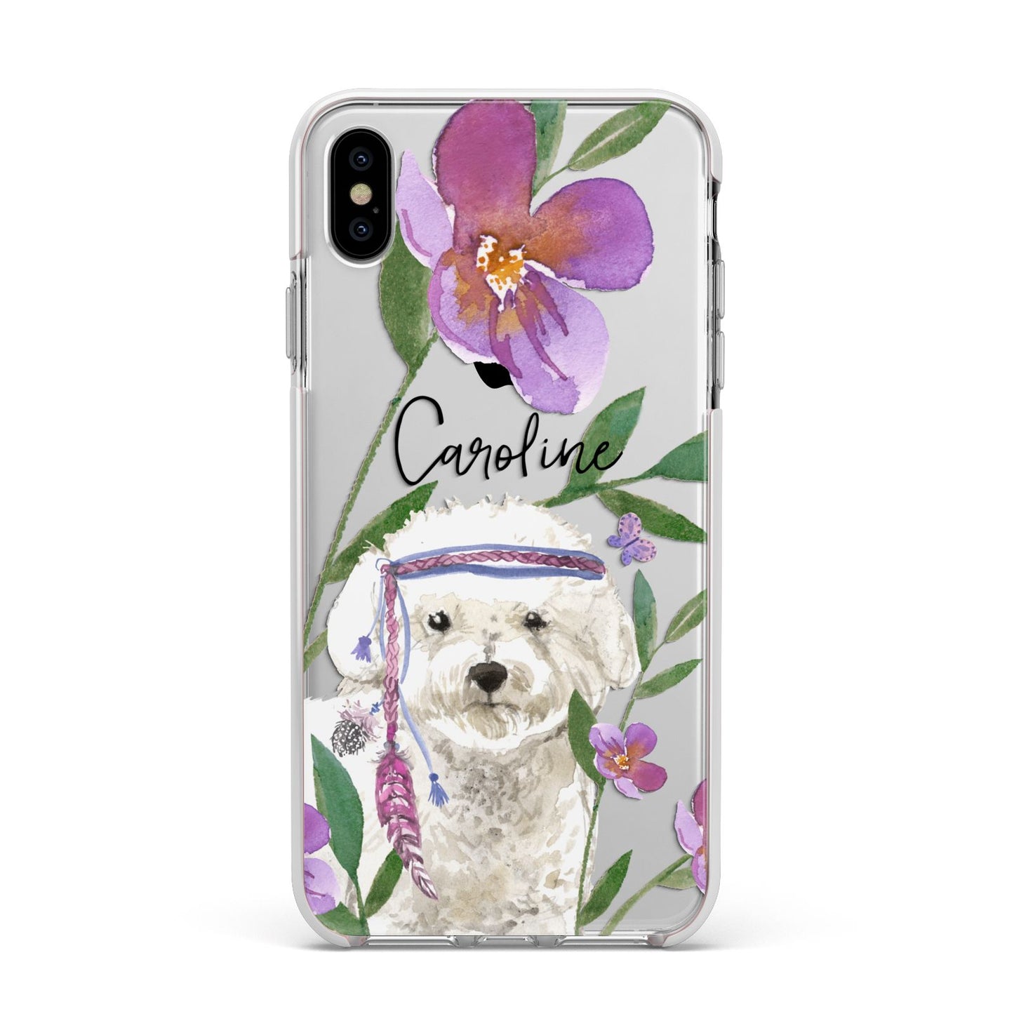 Personalised Bichon Frise Apple iPhone Xs Max Impact Case White Edge on Silver Phone