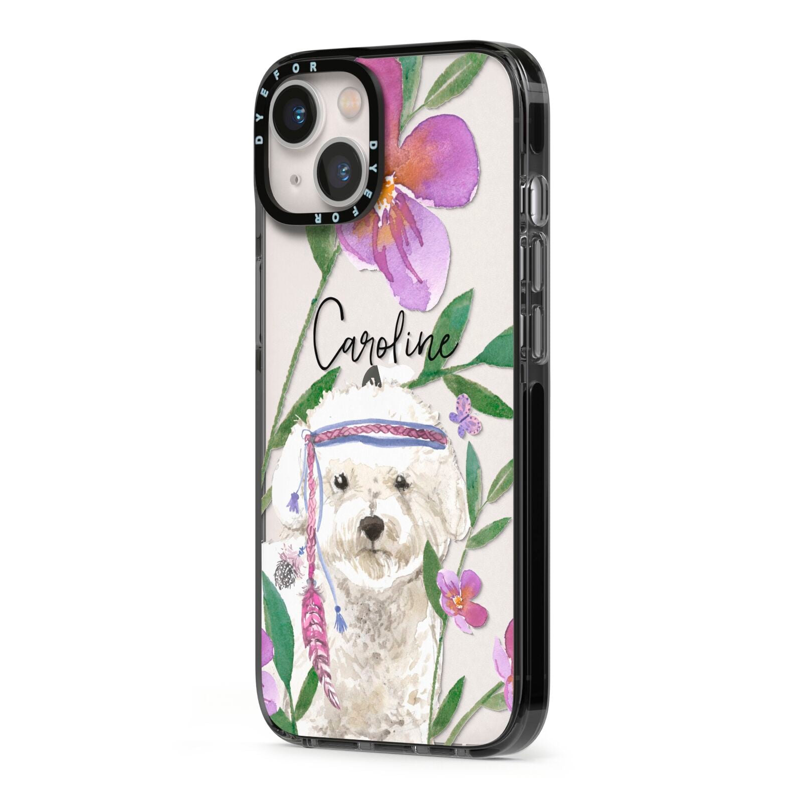 Personalised Bichon Frise iPhone 13 Black Impact Case Side Angle on Silver phone