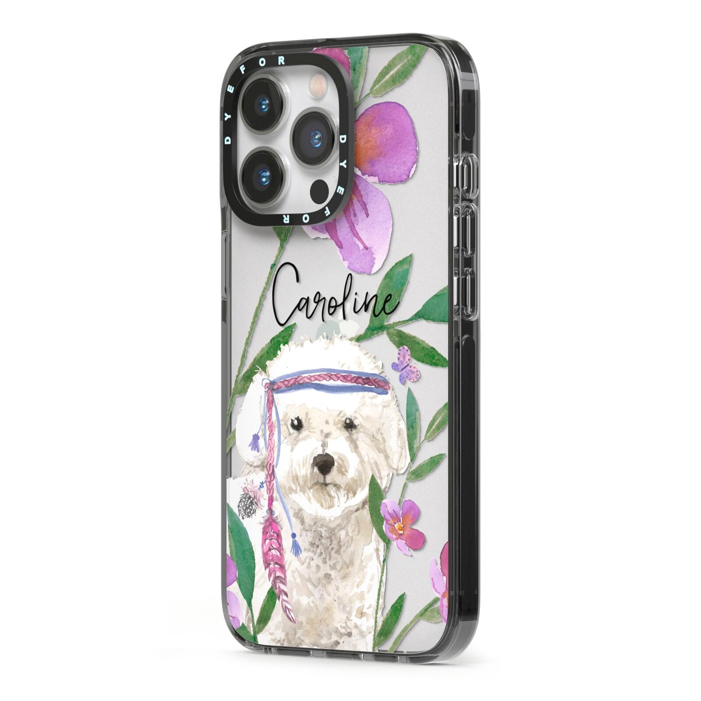 Personalised Bichon Frise iPhone 13 Pro Black Impact Case Side Angle on Silver phone