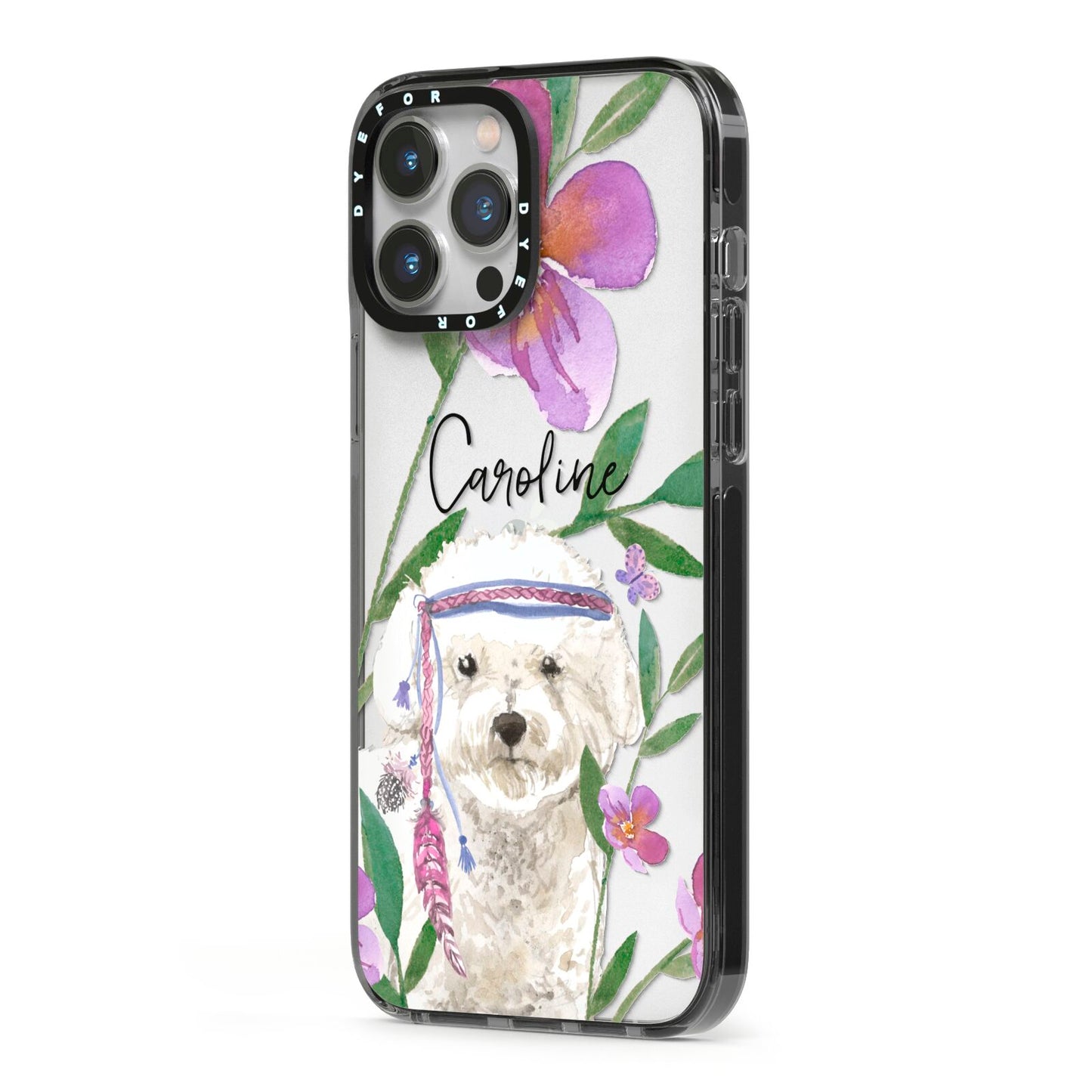 Personalised Bichon Frise iPhone 13 Pro Max Black Impact Case Side Angle on Silver phone