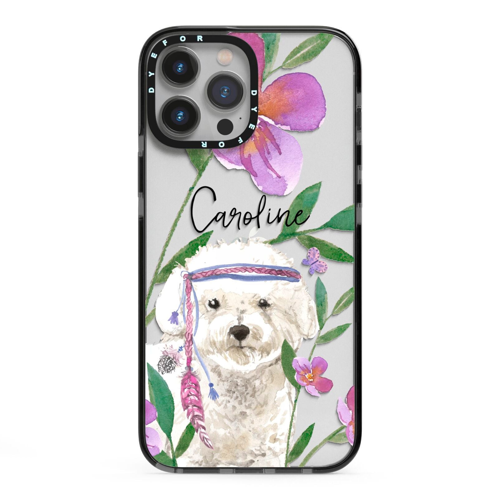 Personalised Bichon Frise iPhone 13 Pro Max Black Impact Case on Silver phone