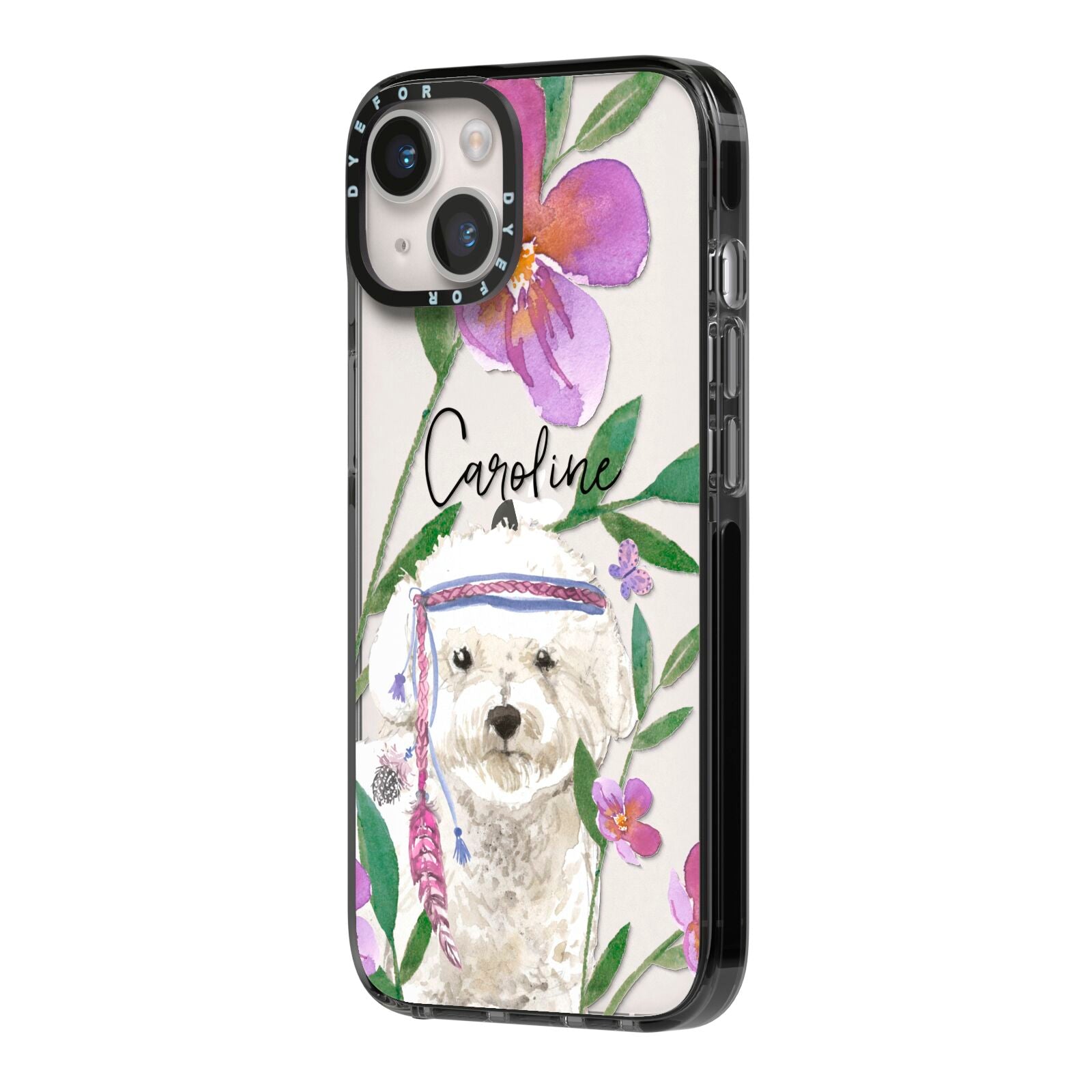 Personalised Bichon Frise iPhone 14 Black Impact Case Side Angle on Silver phone