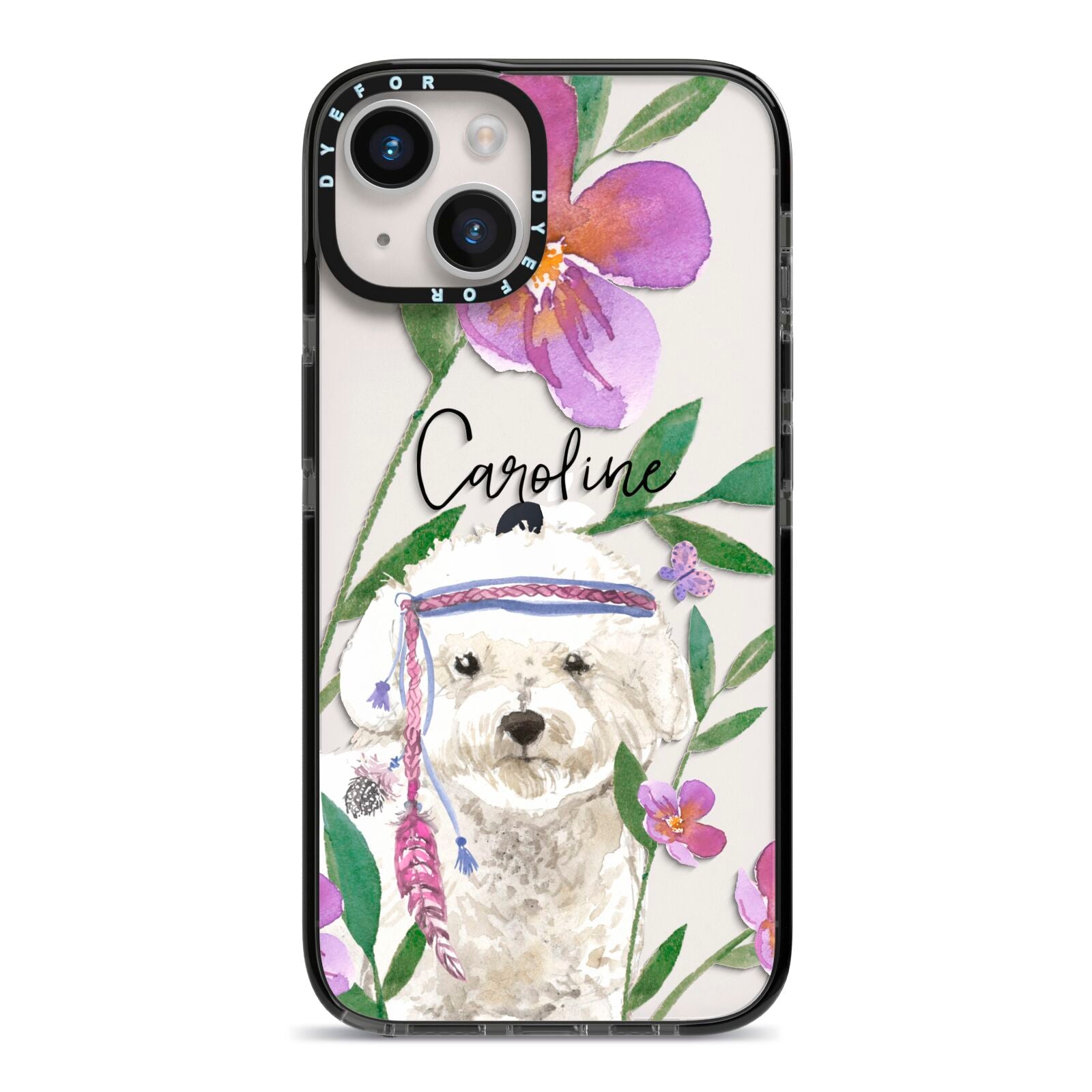 Personalised Bichon Frise iPhone 14 Black Impact Case on Silver phone