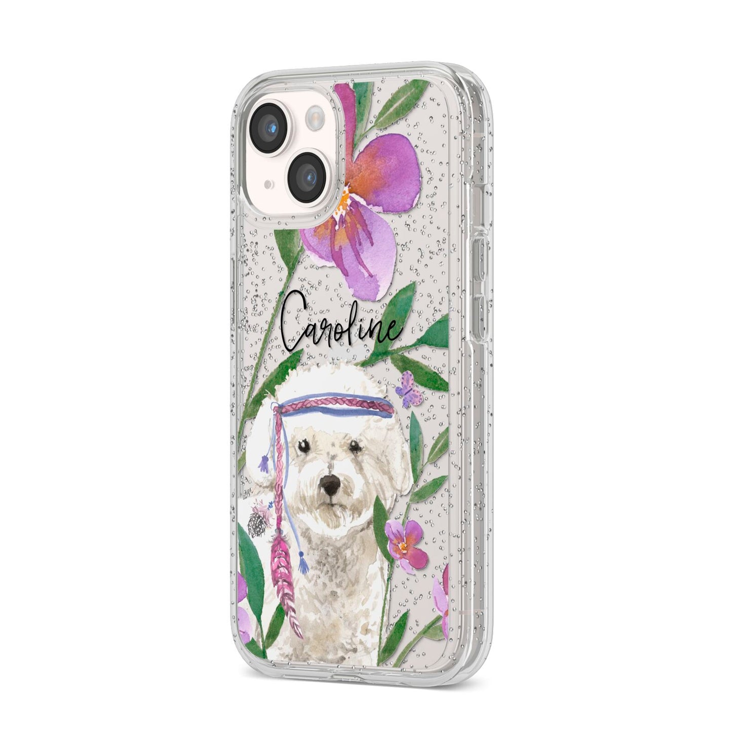Personalised Bichon Frise iPhone 14 Glitter Tough Case Starlight Angled Image