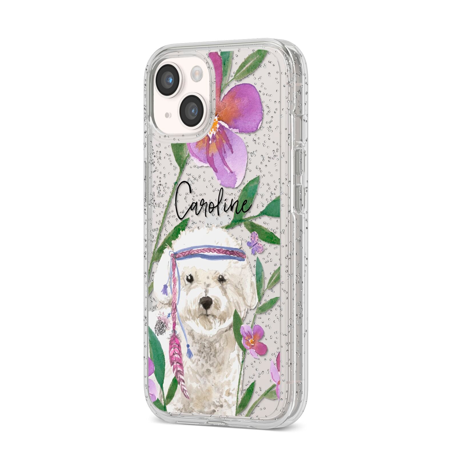 Personalised Bichon Frise iPhone 14 Glitter Tough Case Starlight Angled Image