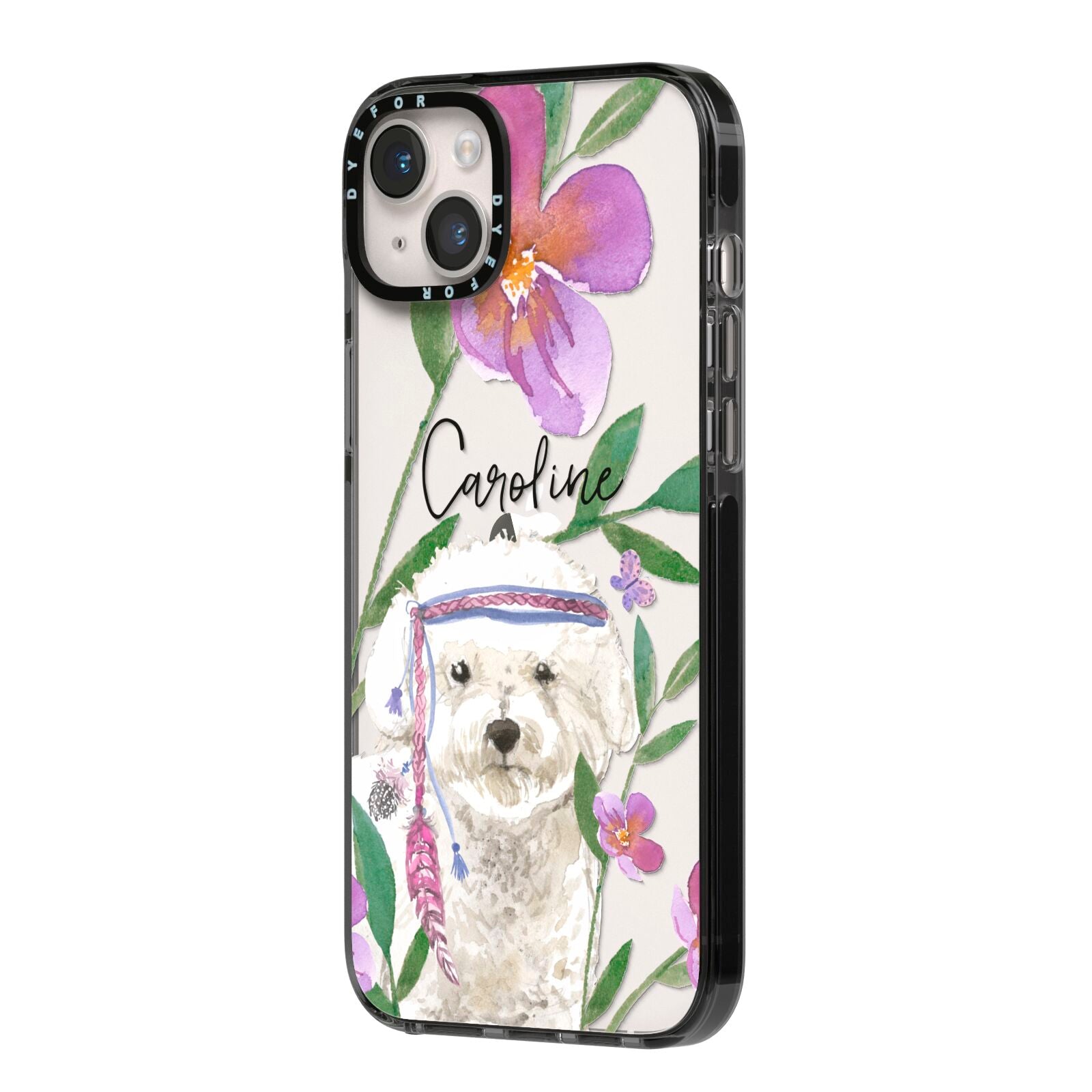 Personalised Bichon Frise iPhone 14 Plus Black Impact Case Side Angle on Silver phone