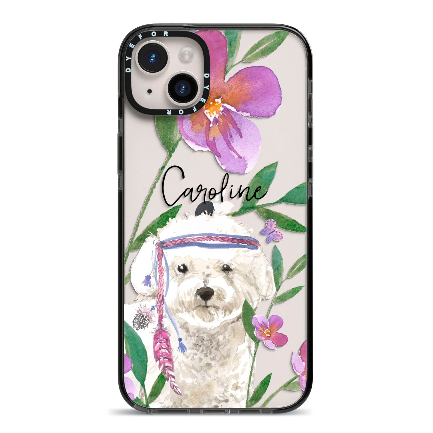 Personalised Bichon Frise iPhone 14 Plus Black Impact Case on Silver phone