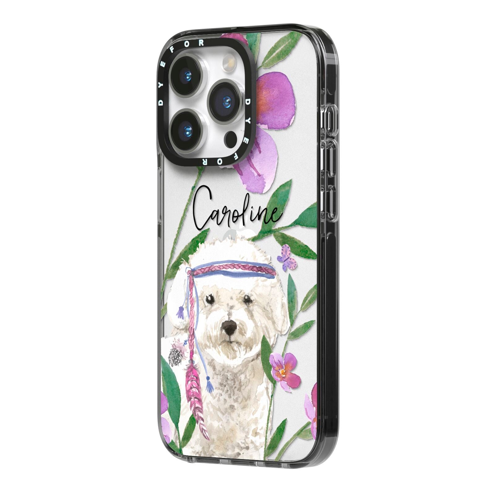 Personalised Bichon Frise iPhone 14 Pro Black Impact Case Side Angle on Silver phone